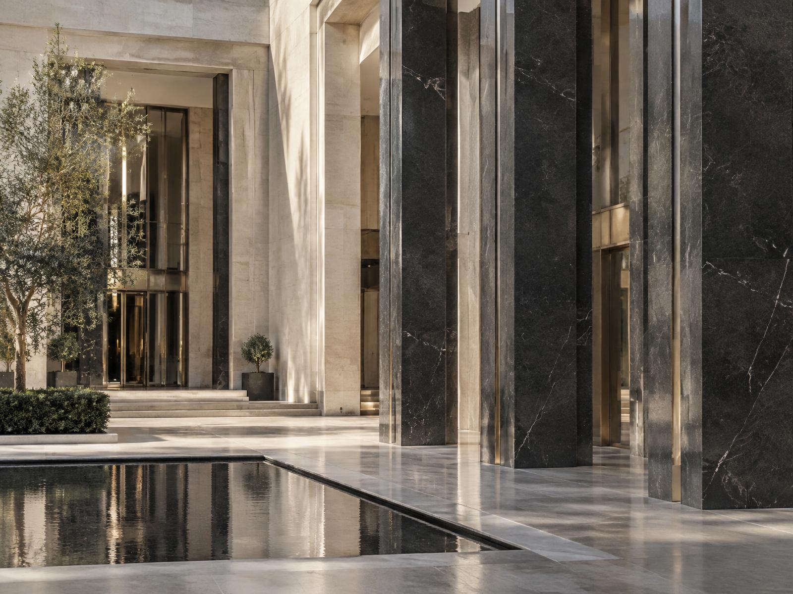 Obsidian and limestone institutional architecture
